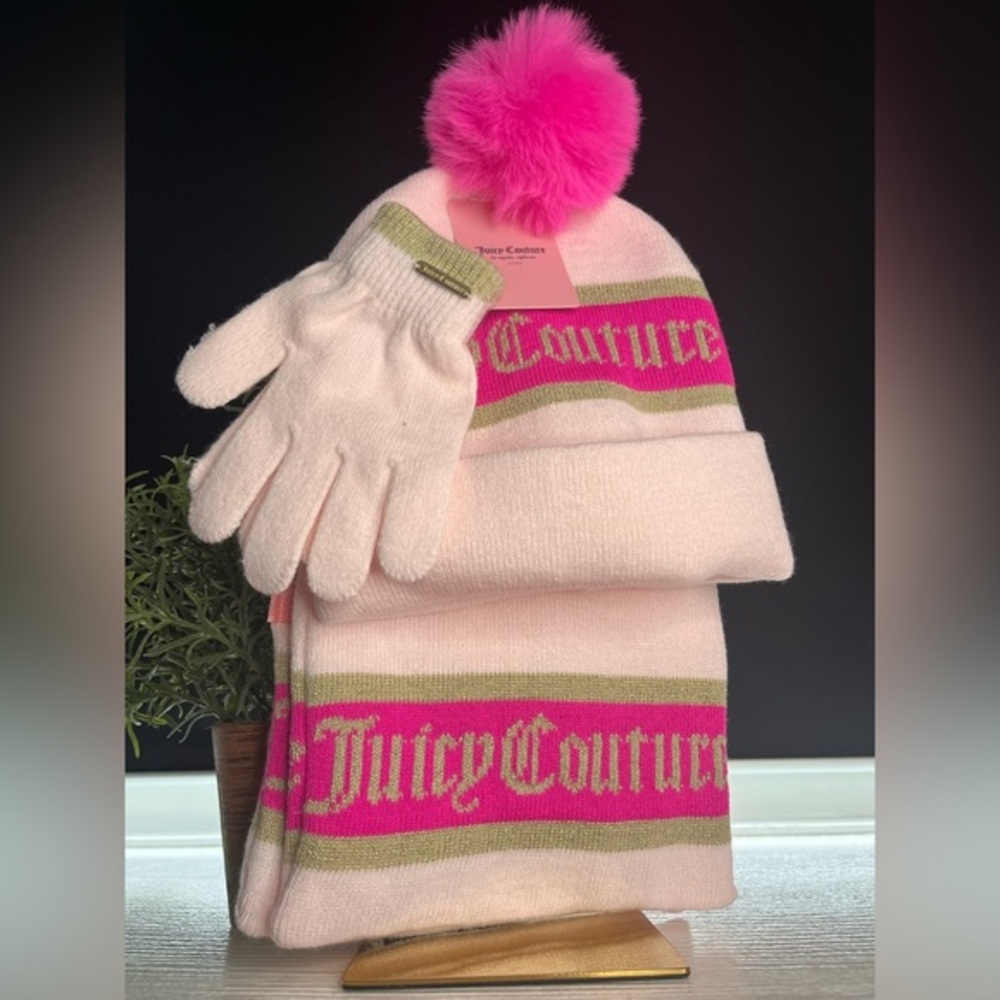Juicy Couture Beanie Scarf Gloves Set Pink Pom Winter Accessory Set Cozy NWT